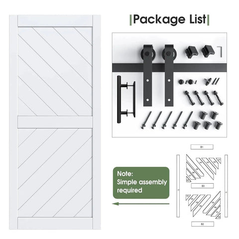 36 Inch By 84 Inch Sliding Barn Door With Six Point Six Foot Hardware Kit And Handle Included Solid MDF Wood Slab Covered With Water Proof And Scratch Resistant PVC Surface Simple Do It Yourself Assembly Chevron Pattern displayed with hardware components.