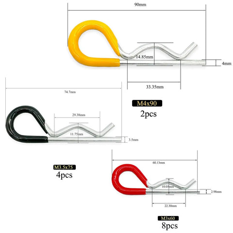 Heavy Duty Hitch Pins R Clips Set 14Pcs Rubber Coated Spring Retaining Pins For Trailer Tractor Mower Cart And Truck Hitches Includes Three Sizes M3x60 M3.5x75 M4x90 With Thick 3mm 3.5mm And 4mm Wire For A Strong Easy Pin Fit, showing three sizes with colored coatings.