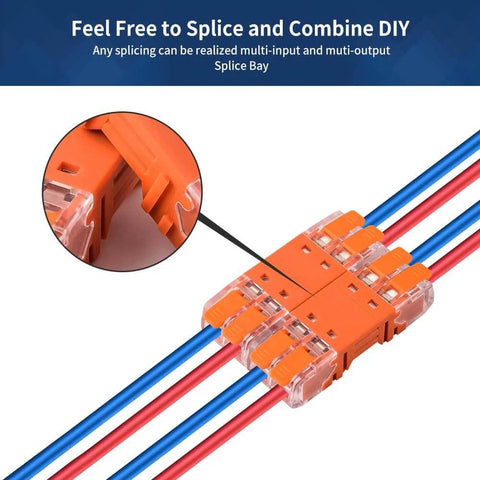 Lever Wire Connectors Two Port Splicing Terminal Blocks with wires, compact design, orange color, flame retardant.