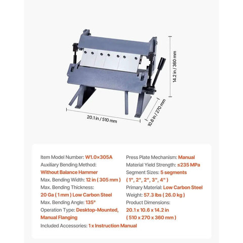 Diagram of 12 Inch Sheet Metal Bender For DIY Projects, 20 Gauge Mild Steel Capacity, 0 To 135 Degree Adjustable Box And Pan Brake.