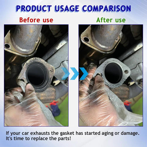 2PCS car exhaust gasket set; before/after install with reinforced high-temp flange gasket and gloved hands.