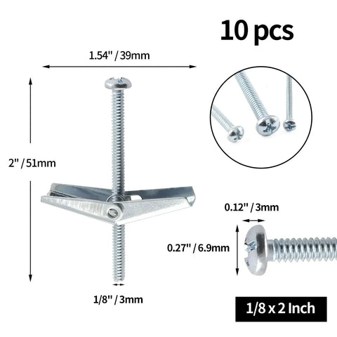 Image of 10Pcs 1 Eighth By 2 Inch Round Head Toggle Bolts With Wing Nuts For Drywall And Wood Hanging, Metal Heavy Duty Toggle Anchors Molly Screws Pack, showing bolts with measurements.