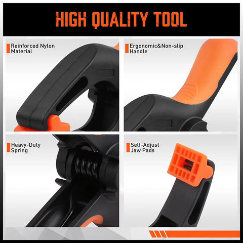 HORUSDY 8-pack 5-inch plastic clamps; reinforced nylon body, ergonomic orange handle, spring, self-adjust jaw pads.