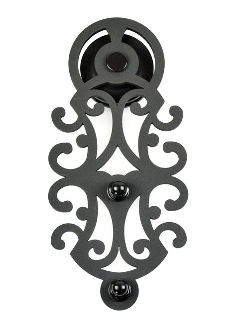 Ornate Black Iron Sliding Barn Door Hardware Kit For Single Door With 5.5 Foot Track, Roller Detail View