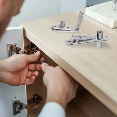 Installing heavy duty hidden pivot door hinges stainless steel swivel torque hardware on a cabinet for home office use.