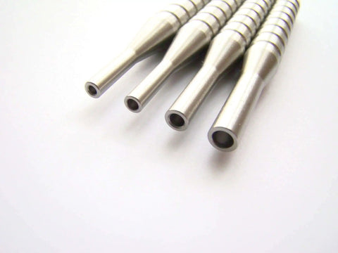 Stainless Hollow End Roll Pin Starter Tool Punch Set For 1/16, 1/8, 3/32, 5/64 Inch Pins, 2.75 Inch Long CNC Machined Made In USA Detroit Craftsmanship Pin Start Aid For Quick Insertion Before Driving With A Punch displayed in a row on white background, close-up view
