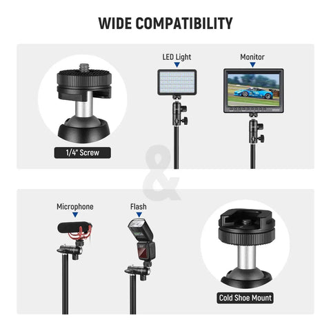 Light Stand Mount Adapter With Cold Shoe And Quarter Inch Screw Mini Ball Head showing wide compatibility with lights and monitors.