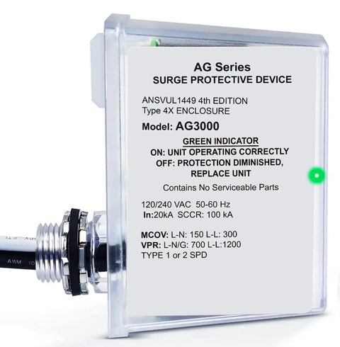 Close-up of a 3-Mode HVAC Surge Protector For 120/240V Mini Split Systems With TPMOV Technology, Type 4X Watertight Enclosure