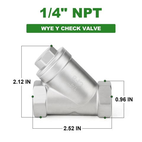 1/4-in NPT stainless steel WYE Y check valve, CF8, 1 piece, 2.52 in length, 2.12 in height