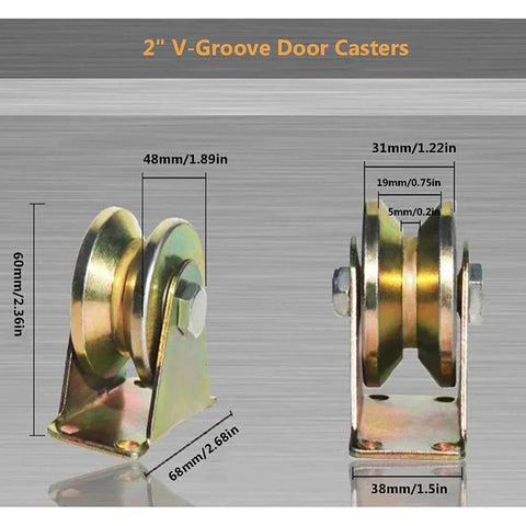 Front and side view of 2 Pack 2 Inch V Groove Wheel Sliding Gate Track Roller Heavy Duty Rigid Casters for barn doors.