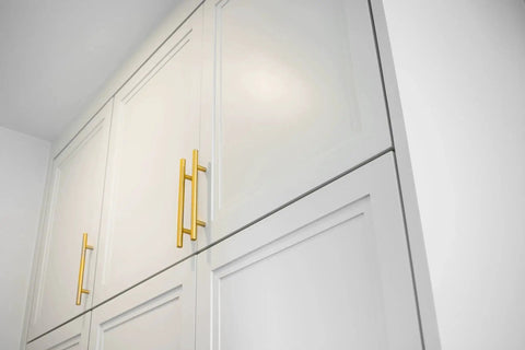 Brushed Gold T-Bar Cabinet Pulls 4 Pack Modern Hollow Drawer Handles Kitchen Hardware 96mm installed on white cabinets