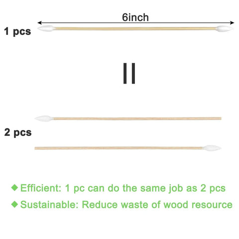 Double Pointed Cotton Swabs 200 Pcs Bamboo Sticks For Precision Cleaning, comparison of efficiency with one 6-inch bamboo swab.