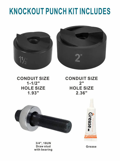 Knockout punch kit with 1.5" and 2" conduit sizes, bearing bolt, and grease for Handy Manual Knockout Punch Driver Kit.