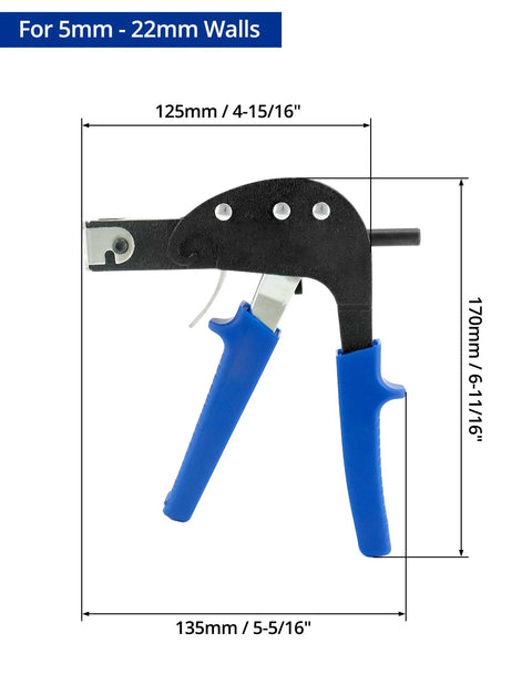 Hollow Wall Anchor Setting Tool With Non Slip Rubber Grip And Safety Slip Guard Durable Metal Construction For Precise Cavity Wall Fixings Installation Across Pro And DIY Projects For Home And Workshop Use, showing size dimensions for 5mm-22mm walls.