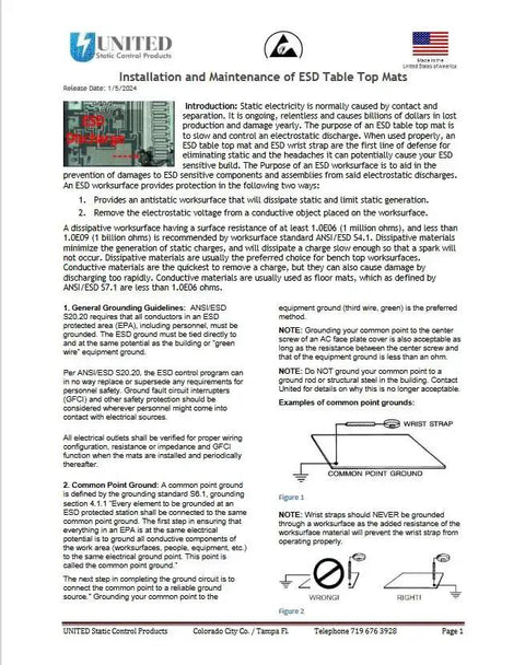 Installation and maintenance guide for Certified ESD Mat Kit, including ground cord and wrist strap setup instructions.