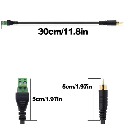 RCA Screw Terminal Block Adapter Cable Solderless Connector 2 Pin RCA Male To AV Extension For Speaker Replacement And Repair Pluggable Audio Video Converter Cord 30cm Pack Of 2 shown with measurements