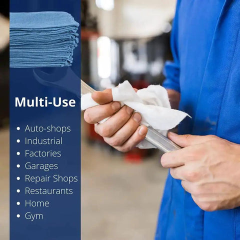 Blue 14x14 Inch 100-Pack Cotton Auto Shop Towels For Detailing And Industrial Cleaning being used to clean tool in workshop