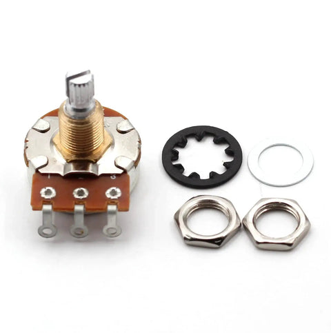 Four Pack Of 500K Short Split Shaft Audio Taper Potentiometers For Guitars With Low Friction Rotation And Three Eighths Inch Imperial Bushings Includes Hardware With 2 Nuts Dress Washer And Lock Washer Bourns