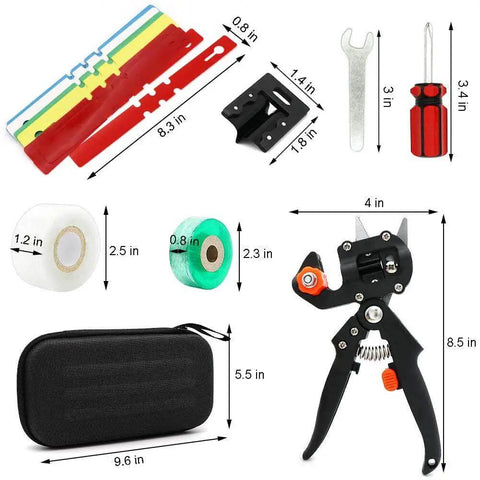 Garden Grafting Tool Kit 2 In 1 Pruning And Grafting Set With Replacement Blades Grafting Knife Tapes Rubber Bands Labels Screwdriver And Wrench For Plant Branches Vines And Fruit Trees Pro Grade By ZALALOVA displayed with components including grafting tool, blades, screwdriver, wrench, and carrying case.