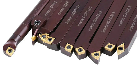 Five Eighth Inch Indexable Turning And Boring Tool Set With TiN Coated C6 Carbide Inserts For Steel And Cast Iron Built To Last Positive Rake Chipbreaker Design To Cut Fewer Chips And Lower Cutting Forces 9 Piece Kit 29880058 Accusize Industrial Tools side view