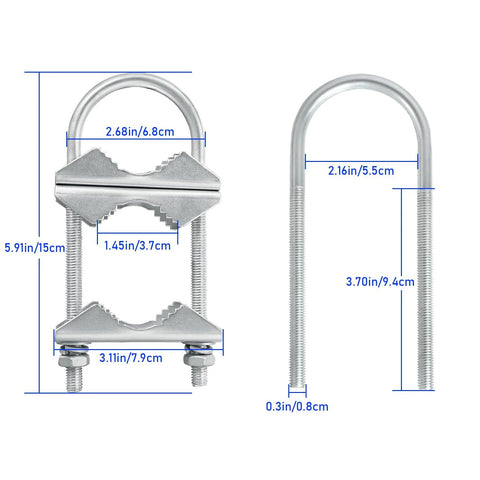 Double antenna mast clamp kit with U-bolt brackets, heavy-duty stainless steel, outdoor mounting hardware
