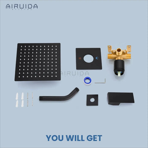 Matte Black 8 Inch Rain Shower System With SUS304 Stainless Steel Shower Head And Single Handle With Male Threads Rough In Valve Brass Mixer Wall Mount Trim Kit Easy Install Shower Faucet Set Built To Last components unassembled