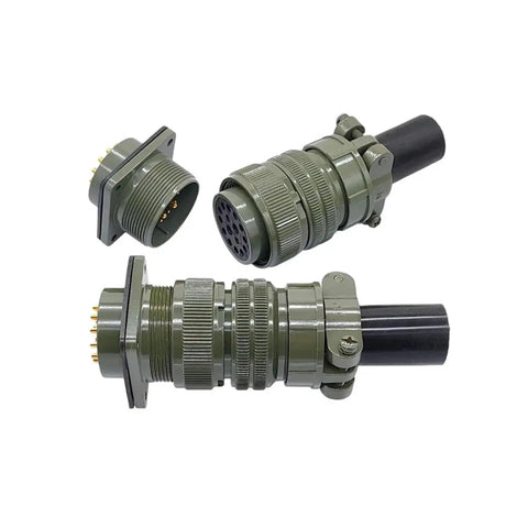 Mil-Spec Circular Connectors 24-28S Plug 3108 24-28 MIL-C-5015 MIL-STD Military Grade, front and side view, green, rugged