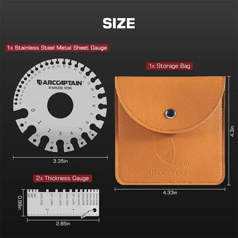 Dual Sided Stainless Steel Metal Gauge Thickness Tool 0-36 Range Pro Grade Thickness Gauge for Metal Sheets and Welding Materials Round Handy Measuring Tool ARCCAPTAIN displayed with storage bag and thickness gauge.