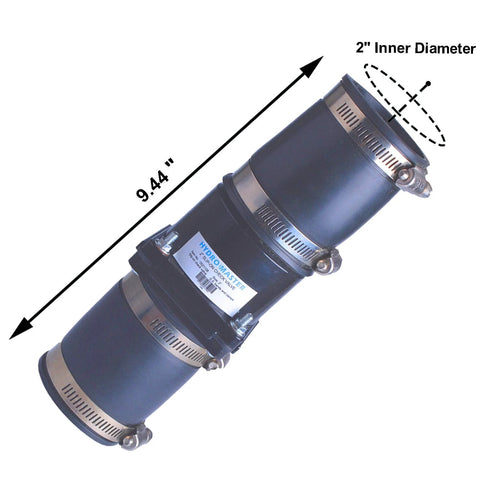 Hydro Master plastic sump pump check valve with stainless steel hose clamps, 2 inch inner diameter.