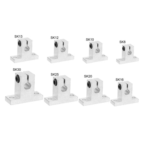 Various aluminum linear motion rod rail clamp guides, sizes SK8 to SK30, for 8mm shafts, precision fit and smooth sliding shown.