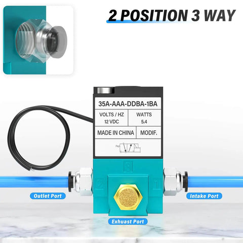 Front view of Two Way Three Port Pneumatic Valve With Beefed-Up High Frequency Operation For Fast Booster Control, 1/8 Inch NPT, DC 12V, 5.4W