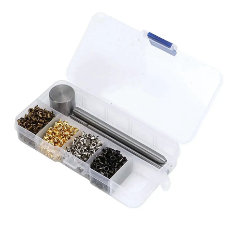 All In One Mini Grommet Kit For Do It Yourself Projects 800 Multi Color Eyelets in clear storage box, Gold Silver Bronze Gunmetal.