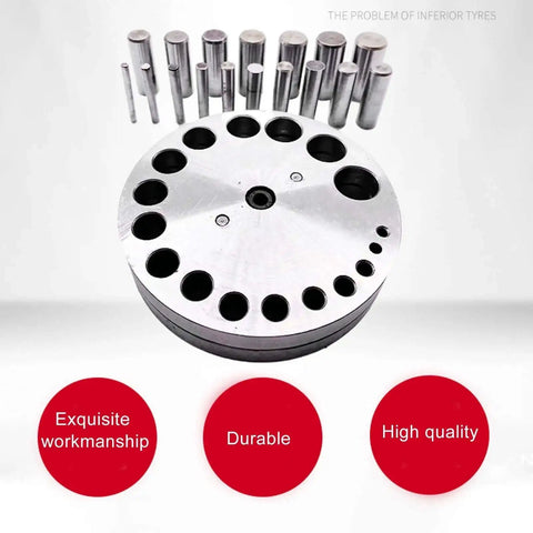 Disc Cutter Set Pro Grade 45 Steel Punch Tool with 17 Dies for Jewelry Making and Crafting, metal cutting kit with silvery finish.