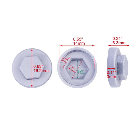 400 Pack Silver Gray 8mm Roofing Screw Covers showing dimensions and design in front, top, and side views.