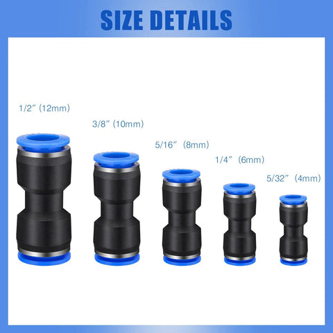 Front view of five plastic straight air hose fittings with blue push-to-connect rings in 12mm, 10mm, 8mm, 6mm, 4mm sizes.