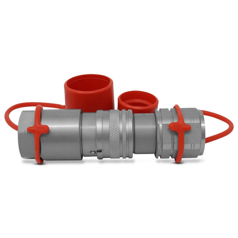 Side view of Summit Hydraulics 3/4in SAE-12 flat-face hydraulic quick-connect couplers with red dust caps