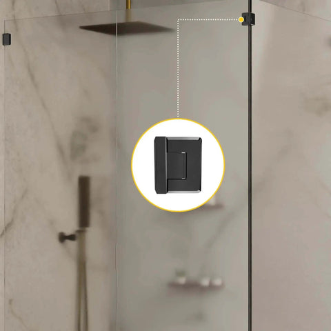 90-degree glass-to-glass shower door hinge in solid forged brass black nickel finish installed on frameless shower
