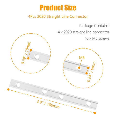 4Pcs 2020 Straight Line Connector For T Slot Aluminum Extrusion With M5 Screws 3.9 Inch Joint Brackets 6mm Slot dimensions