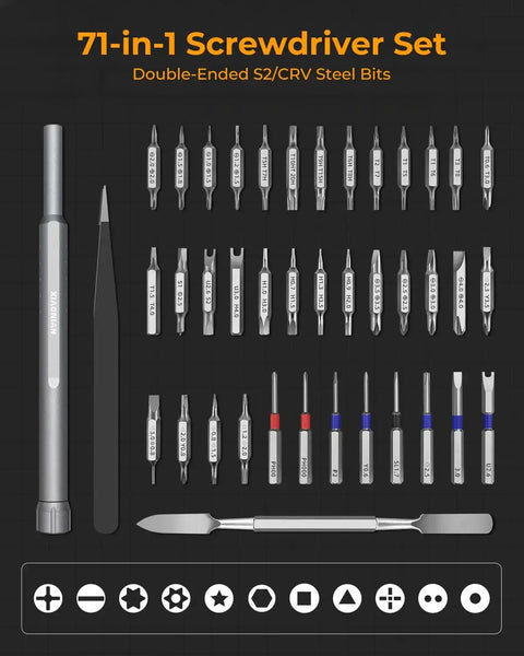 71-In-1 Mini Precision Screwdriver Set With 360 Spin showing double-ended S2/CRV steel bits