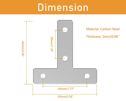 Diagram showing dimensions of 10 Sets Dope 2020 T Shape Corner Bracket Joint Plate Kit For Aluminum Extrusion 90 Degree Connectors.