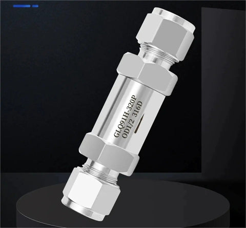 304 Stainless Steel Compression Union Filter Valve for High Purity Gas Systems Ideal for Nitrogen and Hydrogen on black background