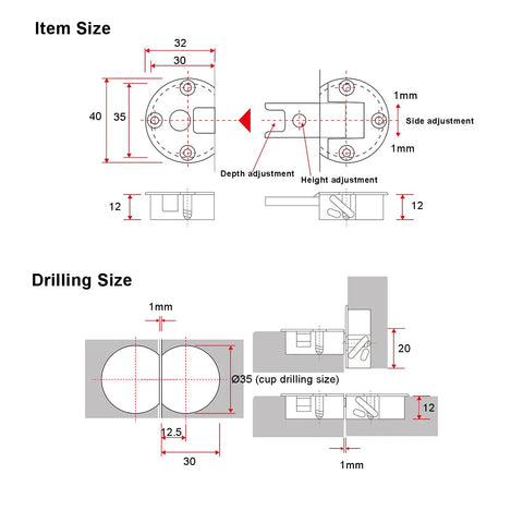 90 Degree 3D Adjustable Concealed Flap Lid Hinge 35mm Cup for Furniture Cabinets Wardrobes Nickel Plated Zinc Alloy size diagram
