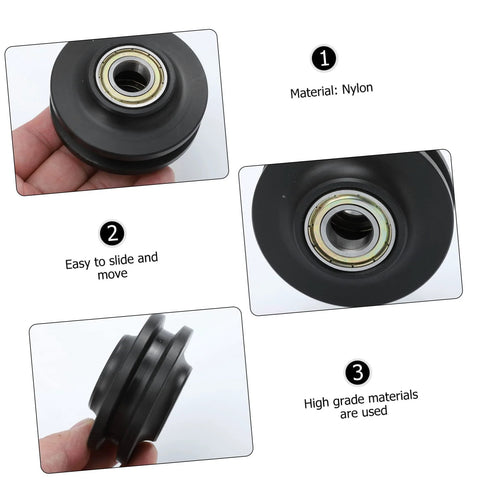 Heavy Duty Barn Door Roller Wheel Nylon Pulley shown in three views, featuring smooth sliding and durable nylon construction.