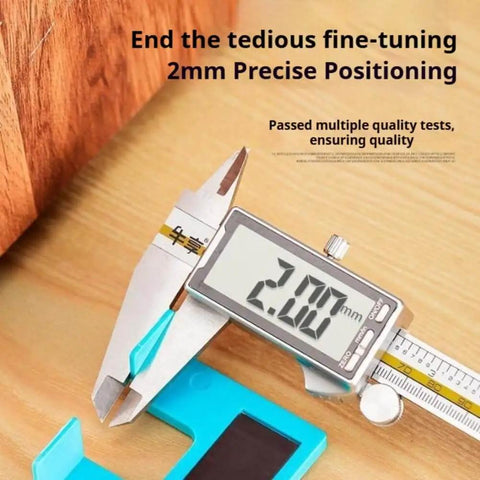 Caliper measuring 2mm on a wooden surface with Magnetic Hinge Guide Kit For No Drill Needed Quick Door And Cabinet Installations.