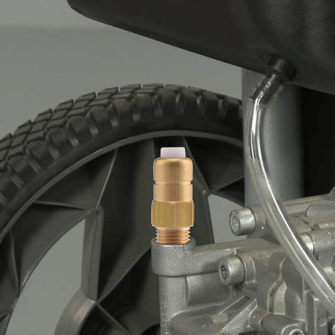 Tool Daily brass thermal release valve for pressure washer pump, 1/4 in NPT, installed on pump with white cap.