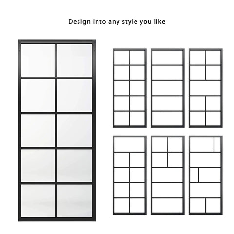 Bypass Double Glass Barn Door Kit with 6.6 ft hardware showing different grid patterns of clear tempered glass panels in aluminum frames.