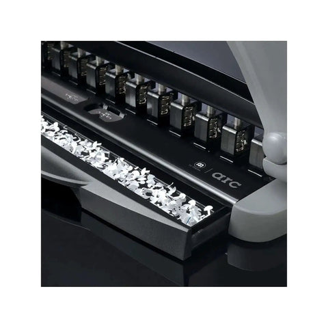 Arc Desktop Paper Punch for Disc Bound Systems 8 Sheet Capacity, black and gray adjustable desktop hole punch close-up