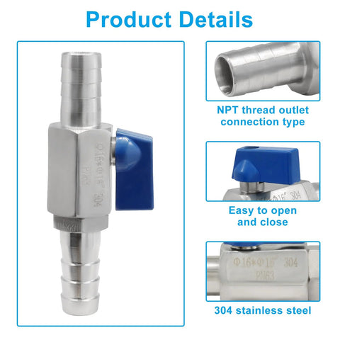 OSVJE 5/8 in mini shut-off double-barbed ball valve, 304 stainless steel, blue lever, NPT outlet.
