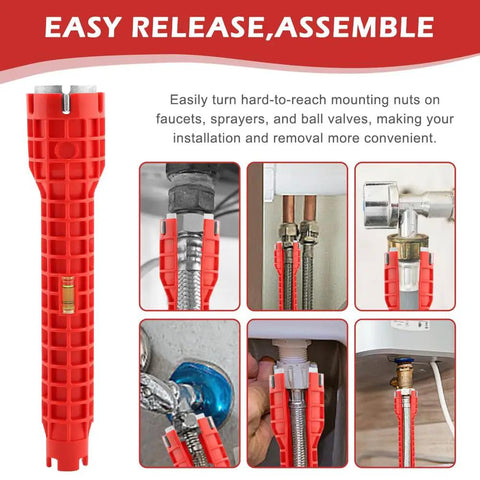 14 In 1 Multi Functional Plumbing Wrench For Faucet And Sink Installations With Anti Slip Grip And Extra Long Reach Red Handle