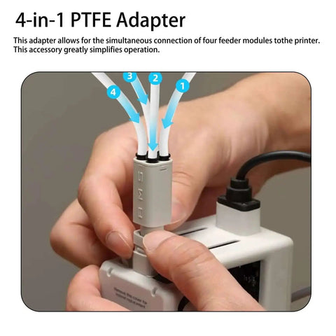 Hands connecting PTFE adapter for Bambu Lab A1 printer, showing four filament tubes into AMS Lite Five-Way Filament Hub Kit.